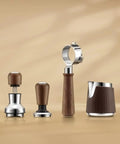 Premium 54mm Espresso Distribution Tool In Rich Walnut Wood For Perfect Puck Prep and Even Coffee Grounds Layout on display.