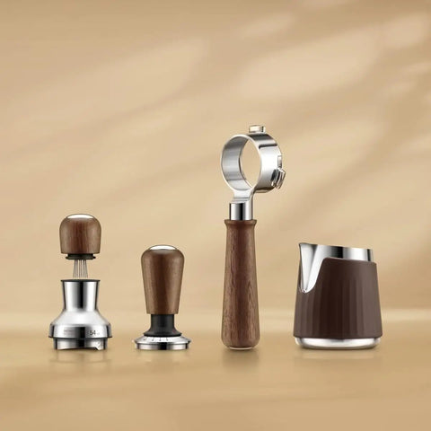 Premium 54mm Espresso Distribution Tool In Rich Walnut Wood For Perfect Puck Prep and Even Coffee Grounds Layout on display.