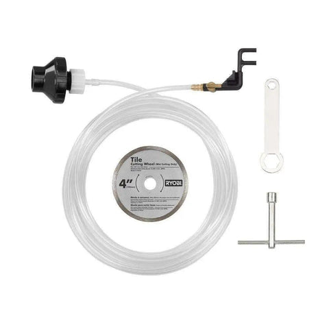 Accessory parts for Beast 12 Amp Corded Wet Tile Saw with 4 inch blade including hose, wrench, and connector