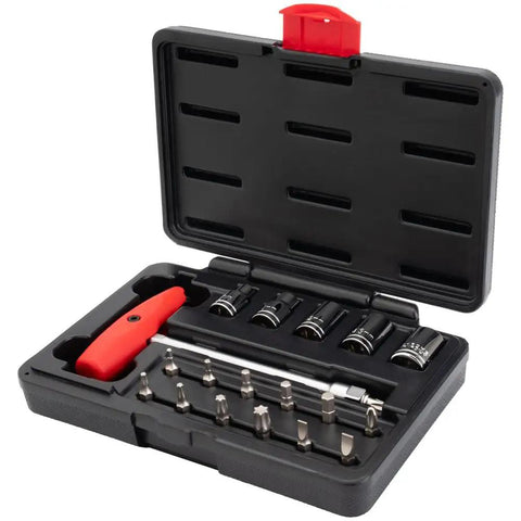Foldable T Handle Tool Kit With 19 Pieces Driver Set For Powersport Includes Metric Sockets 8mm 10mm 12mm 14mm 13mm in case