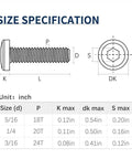 Diagram showing size specifications for Three Sixteenths Inch Diameter 24 Threads Per Inch Fully Threaded Flat Head Hex Socket Cap Screws Bolts