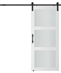 Front view of 38 X 84 Inch Three Lite Frosted Glass and Wood Paneled Barn Door with Installation Hardware Kit, modern design.