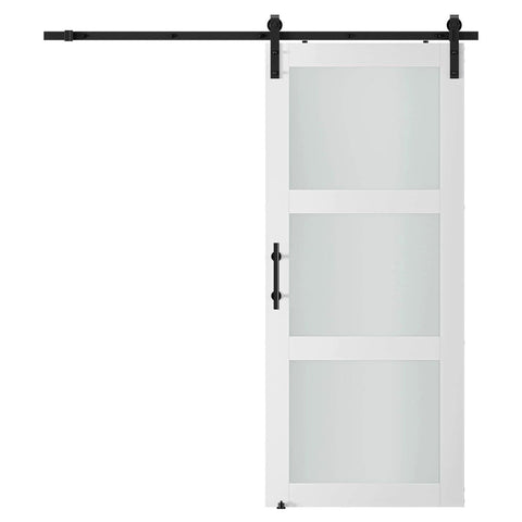 Front view of 38 X 84 Inch Three Lite Frosted Glass and Wood Paneled Barn Door with Installation Hardware Kit, modern design.