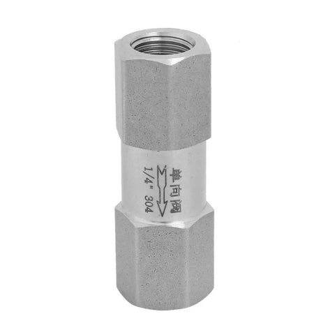 Front view of stainless steel air check valve with 1/4 in female thread and hex ends.