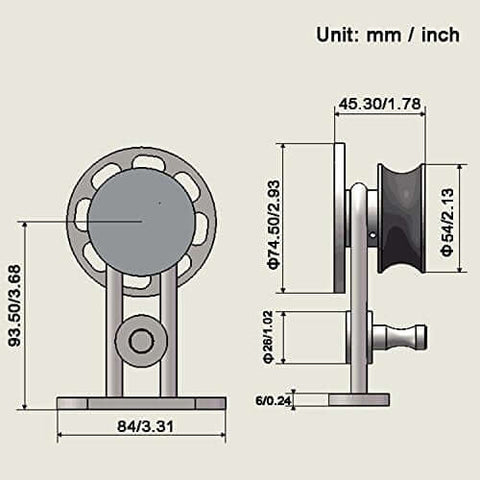 Technical diagram of sliding roller for Beefy Stainless Steel Sliding Barn Door Hardware Kit, dimensions in mm/inches.