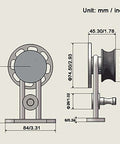 Dimensions and side view of rollers for Fortune Stainless Steel Sliding Barn Door Hardware Kit 10 Ft Track Set For Single Door.
