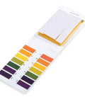 All In One Litmus Paper Test Kit With 80 Pcs pH Strips For Water And Soil Testing, open booklet showing color chart and strips.