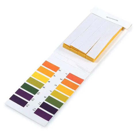 All In One Litmus Paper Test Kit With 80 Pcs pH Strips For Water And Soil Testing, open booklet showing color chart and strips.