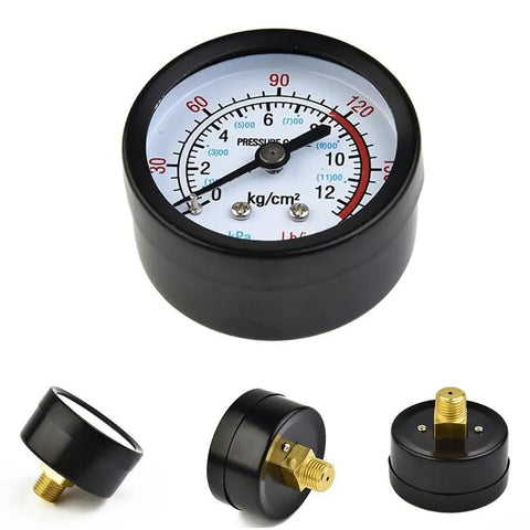 Air Compressor Pressure Gauge Quarter Inch Thread 0 To 180 PSI 0 To 12 Bar Manometer Big Easy Read Dial front and back views