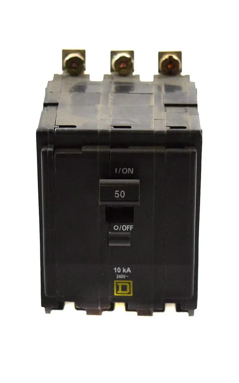 Front view of QOB350 Bolt-On Circuit Breaker 50 Amp Dope Heavy-Duty Panel Switch, showing on/off switch and 10 kA rating