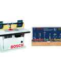 Heavy Duty Cabinet Style Router Table With Tall Aluminum Fence And Zero Clearance Face Plates For Crushing Thick Stock Dead Smooth Precision Jointing Paired With Six Piece Quarter Inch Shank Carbide Tipped Router Bit Set