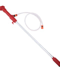 Portable cordless stick water transfer pump for backyard flooding, clear design with red handle and slim tube, perfect for drainage tasks.