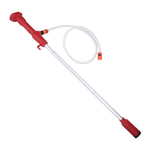 Portable cordless stick water transfer pump for backyard flooding, clear design with red handle and slim tube, perfect for drainage tasks.