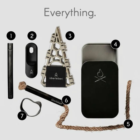 Survival Fire Starter Kit With All In One Ferro Rod Striker Tinder Wick And Bellows Waterproof Camping Gear kit components displayed