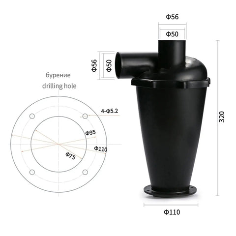 Cyclone Vacuum Filter Separator With Flange Turbo Dust Collector For Industrial And Home Woodworking Vacuums Pro Grade Dust Separation with dimensions and flange details.