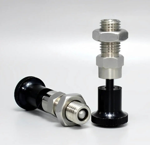 Heavy Duty Stainless Steel Push Fit Ball Nose Spring Plunger 2 Pack M16x1.5 indexing pins showing retractable mechanism and sturdy design.
