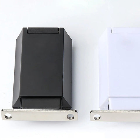 Invisible Push To Open Cabinet Latches For Modern Kitchen And Bathroom Drawers, black and white metal components.