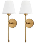 Two Pack Hardwired Brushed Brass Wall Sconces With Fabric Shade, Vanity Light Fixture For Bathroom, Bedroom, Living Room, Hallway, And Kitchen, Gold Finish, Modern Classic Lighting.