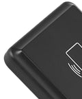Close-up of 13.56MHz USB RFID Card Reader with contactless reading supports S50 and S70 cards, showing waterproof ABS housing corner.