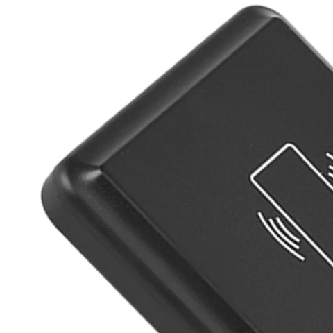 Close-up of 13.56MHz USB RFID Card Reader with contactless reading supports S50 and S70 cards, showing waterproof ABS housing corner.