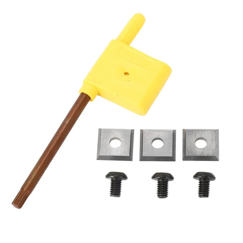 Get This Top Tier High Performance 1/2In Shank Spoilboard Surfacing Router Bit With 3 Sharp Carbide Blades For Effortless CNC Wood Planing And Smooth Surface Prepping tool set with yellow handle, 3 blades, and screws.