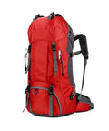 60L Waterproof Outdoor Backpack for Camping and Hiking, Durable Mountaineering Bag With Ergonomic Straps, red color, side view