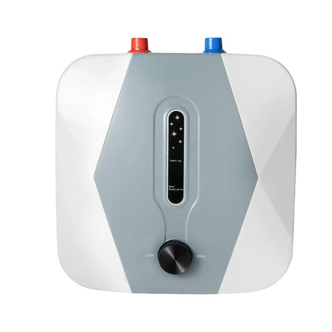 Compact Electric Mini Tank Water Heater With Ridiculously Fast 1500W Instant Hot Output Ideal For Under Sink Placement Delivers Smooth Warm Water Flow For Daily Needs With Dead Simple Setup, front view with control knob and indicators.