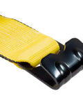 Hella Tough Ratchet Tie Down Straps With Flat Hooks Four Inch Wide Thirty Foot Long Yellow Polyester Webbing 16200 Lbs Breaking Strength To Cruise With Confidence Hauling Heavy Loads Across States Four Pack close-up of yellow strap and flat hook.