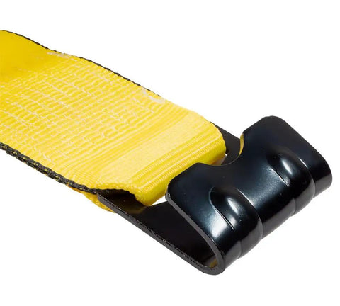 Hella Tough Ratchet Tie Down Straps With Flat Hooks Four Inch Wide Thirty Foot Long Yellow Polyester Webbing 16200 Lbs Breaking Strength To Cruise With Confidence Hauling Heavy Loads Across States Four Pack close-up of yellow strap and flat hook.