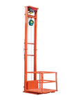 Heavy Duty Electric Freight Workhorse Featuring Quiet Hydraulic Wall Mounted Vertical Hoist, 16 Foot Travel Height, 2200 Lb Capacity, Straight Up Bulletproof Build For Warehouses Garages And Homes, with raised platform.