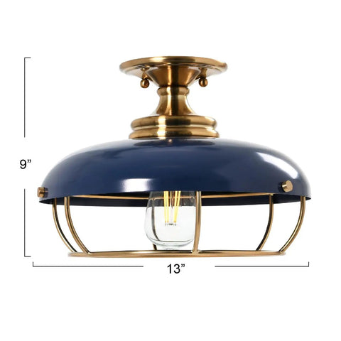 Industrial Caged Dome Metal Semi Flush Ceiling Light In Brushed Brass And Navy Blue with Edison bulb, size 13''x9'', side view.