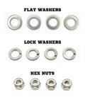 Beefy 90 Degree U Bolts Set In 304 Stainless, flat washers, lock washers, and hex nuts in marine trailer hardware pack