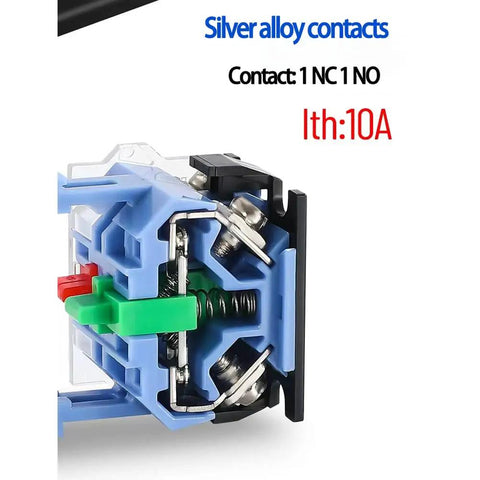 22mm Emergency Stop Mushroom Button Combo With Green Momentary Push Button For Industrial Machines Red Mushroom Head Quick Stop E Stop Safety Switch Panel Mount Ready For Control Panels And Heavy Machinery, silver alloy contacts 1NC 1NO 10A