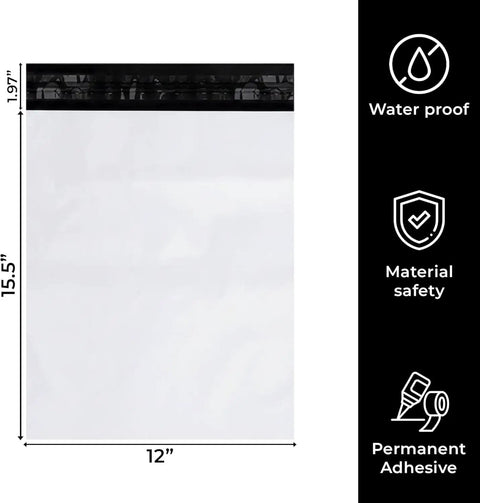 Heavy Duty Weatherproof 12x15.5 Poly Mailers 100 Pack Self Seal Waterproof Shipping Bags dimensions and features
