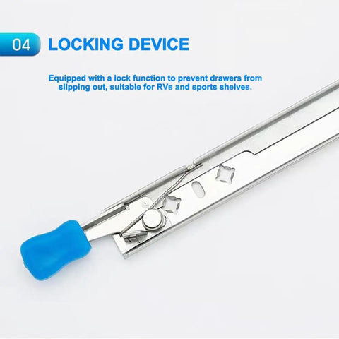 22 Inch Heavy Duty Drawer Slides With Lock Full Extension Side Mount Ball Bearing Rails 250 Pound Load Capacity Rock Solid Safe Locking Feature Locks Only When Closed And Fully Extended - close-up view of locking mechanism