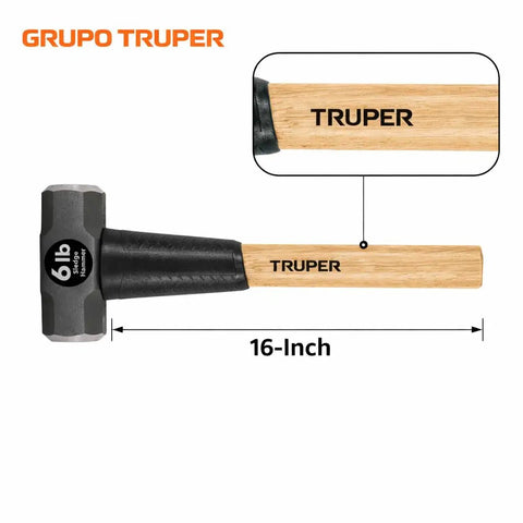6 Pound Sledge Hammer With 16 Inch American Hickory Handle Double Faced Forged Steel Head Heavy Duty Demolition And Construction Tool Model MD 6H 16 33186, showing full view and handle detail.