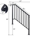 Top Shelf Three Step Outdoor Handrail, Black Metal Stair Railing Kit With Curved Wrought Iron Balusters, dimensions 47x66x19 inches.