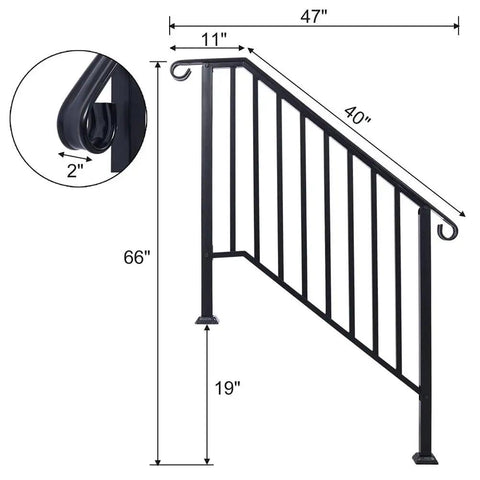 Top Shelf Three Step Outdoor Handrail, Black Metal Stair Railing Kit With Curved Wrought Iron Balusters, dimensions 47x66x19 inches.