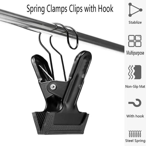 Heavy Duty 4 Pack Spring Clamps With Hooks For Photography Backdrops Stands And DIY Projects 4 Inch Clips For Lighting Cables Woodworking And Home Improvement Easy Grab Secure Grip, black steel clamp with rubber grip on rod