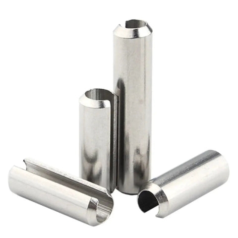304 Stainless Steel Slotted Spring Pins with Spring Loaded Cylindrical Split Pin Design M1 5 Dowel, four shown at different angles.