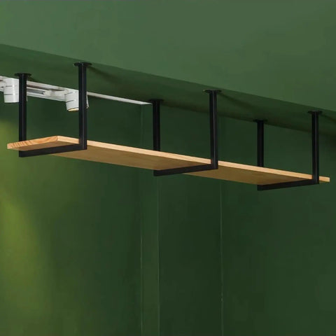 Hella Sturdy Single Layer Floating Shelf Brackets Ceiling Mount Wall Supports With Screws Heavy Duty Metal Shelf Hangers Black 3 Pack installed with wooden shelf.