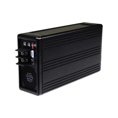 Heavy Duty Beast Battery Charger Adapter For Lead Acid And Lithium Banks Delivers Slick 360 Watt 12 Amp Output side view with connectors.
