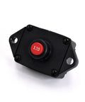 Heavy Duty 120 Amp Circuit Breaker With Straight Up Easy Push To Reset Switch For Panel Mount Installations 30 Volt Dc Electrical Protection No Fuss Manual Guard viewed from above with button and mounting holes.