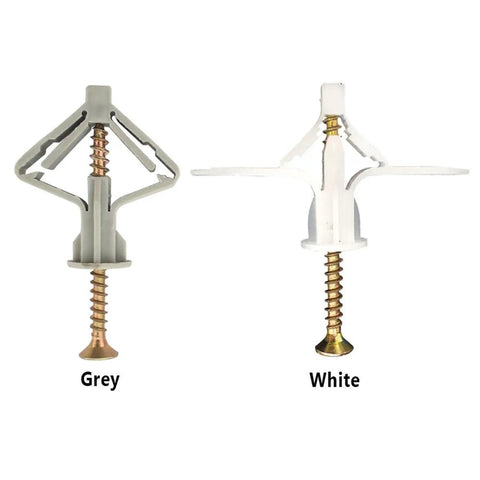 Heavy Duty Drywall Anchor Kit Two Pack With Anti Turn Ribbed Expansion Design For Secure Shelf Mounts In Soft Or Hard Drywall Rust Resistant Self Fasteners For Sturdy Wall Hangs. grey and white drywall anchors with screws