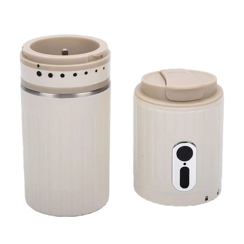 Kickstart Mornings On The Go With This Portable Electric Coffee Maker And Compact Travel Cup For Fresh Java Anywhere, beige grinder and brewer.