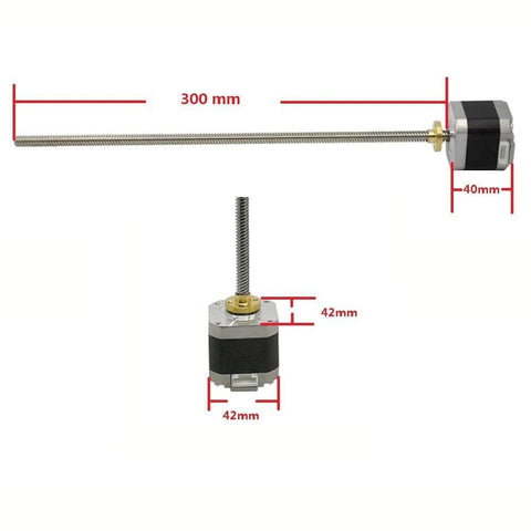 NEMA 17 Stepper Motor with Integrated 300mm T8 Lead Screw for RepRap Prusa i3 3D Printers Z Axis or CNC Machine, measurements visible