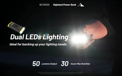 Ultralight 10000mAh Power Bank With Built In Flashlight 50 Lumens Dual LED USB C Fast Charge 20W in use emitting light in hand