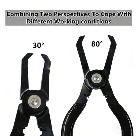 Two Piece Push Pin Pliers Set With 30 And 80 Degree Offset Jaws, black handles, for auto trim and clip extraction