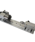 Built Tough 4 Axis CNC Rotary Tailstock With Heavy Duty Mounting Base And Nema 23 Stepper Motor For Slick Machining Projects Paired With A 100Mm Four Jaw Chuck on a silver metal base.