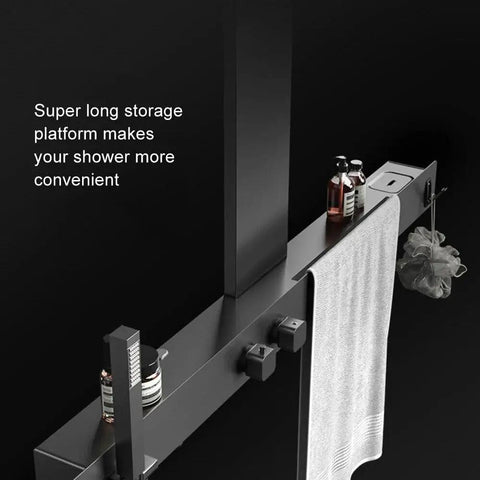 Wall-Mounted Luxury Thermostatic Shower System with Storage Rack & Towel Bar with spacious storage platform and towel holder.